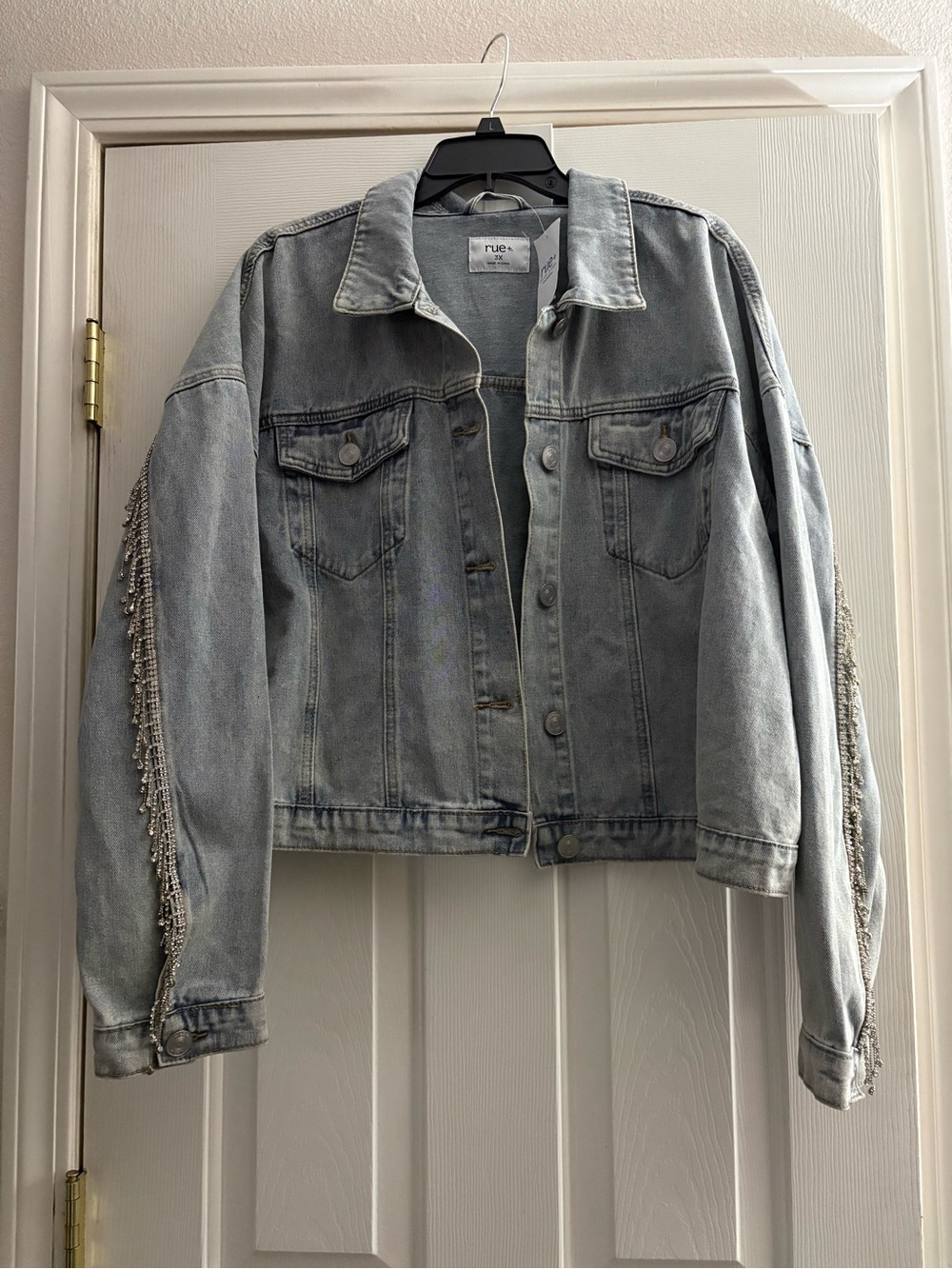Forever 21 Light Wash Denim Jacket with Beaded Sleeve Trim